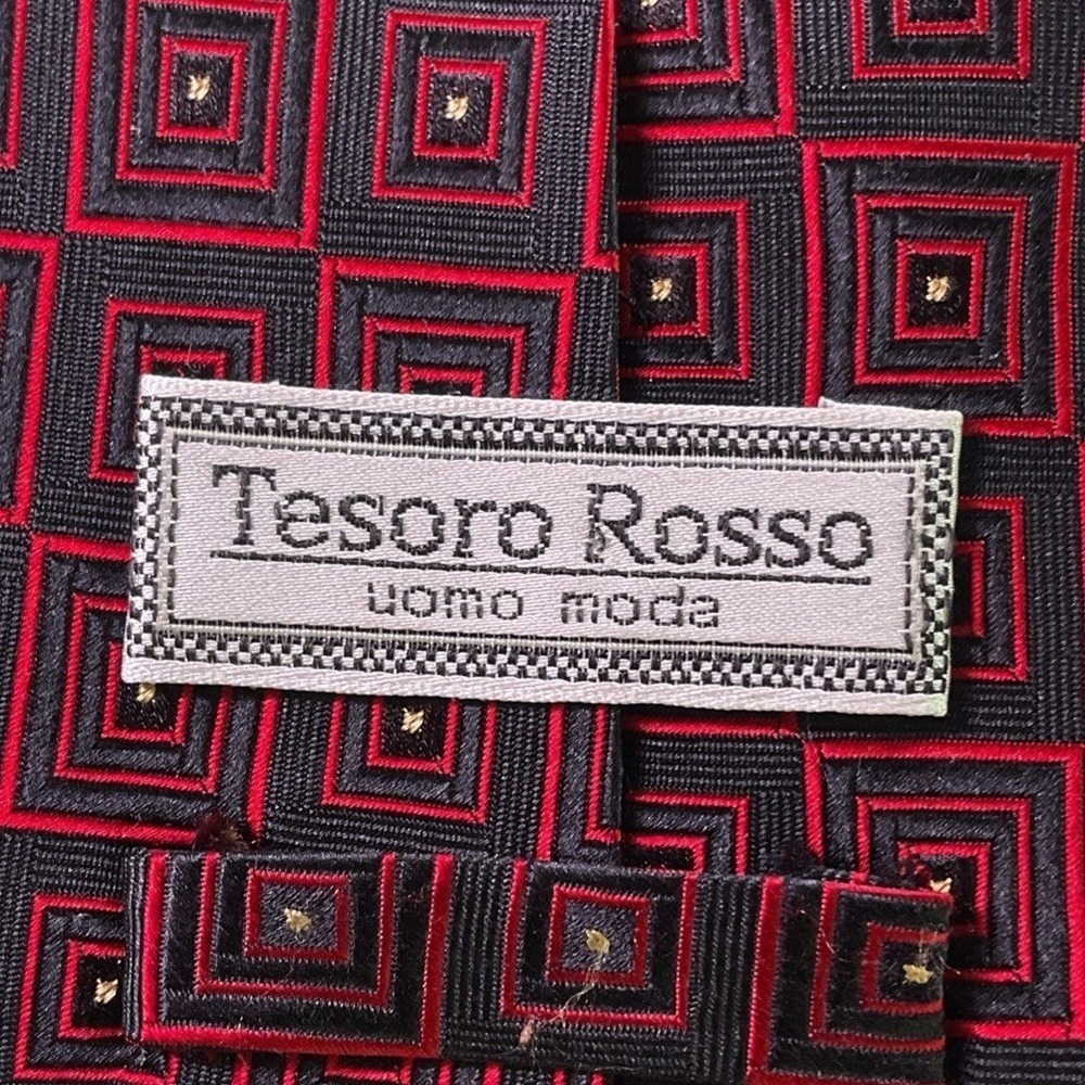 Tesoro Rosso Mens Silk Tie Red Black Geometric Square Pattern Handmade 60x4